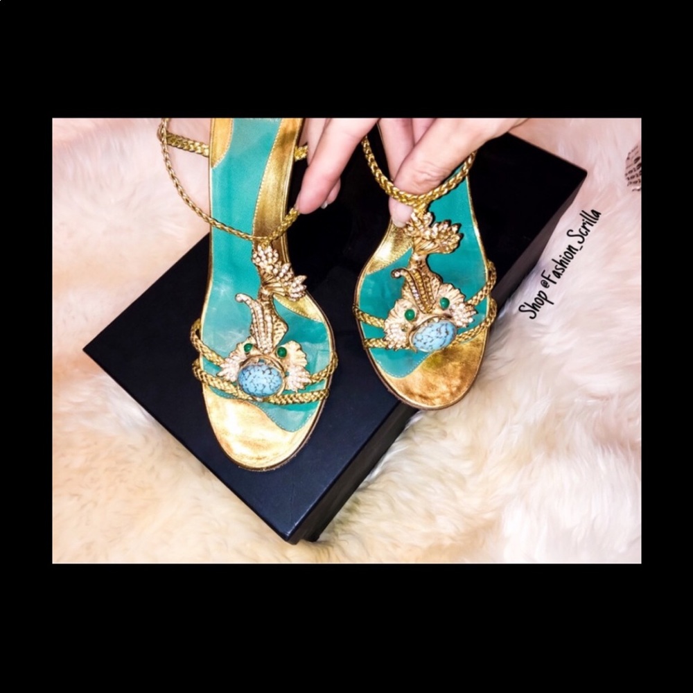 FENDI Gold Braided Embellishment Fish Ornate Crystal Sandal Heels - Picture 8 of 11
